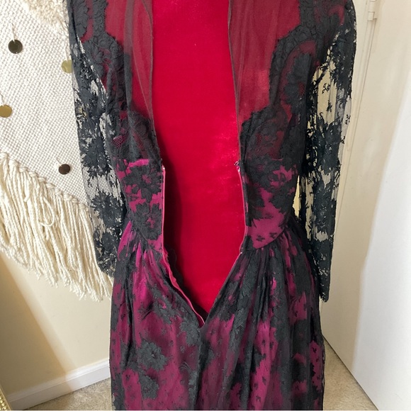 Vintage Sylvia Standig New York Silk and Lace Evening Dress Black Pink Size 2 - Picture 6 of 11